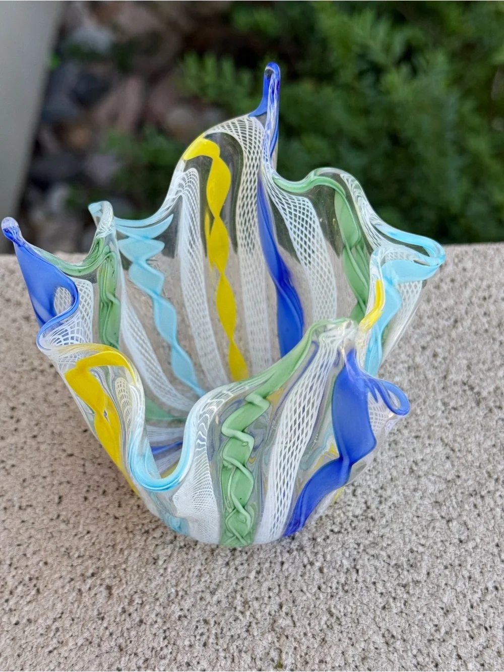 Murano Latticino Blue Green Yellow & White Ribbon Blown Glass Bowl Handkerchief